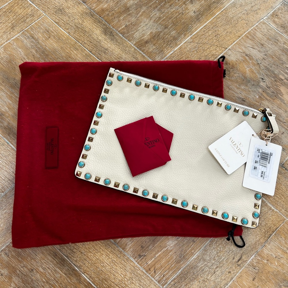 NWT Valentino Cream Clutch with Turquoise Studs